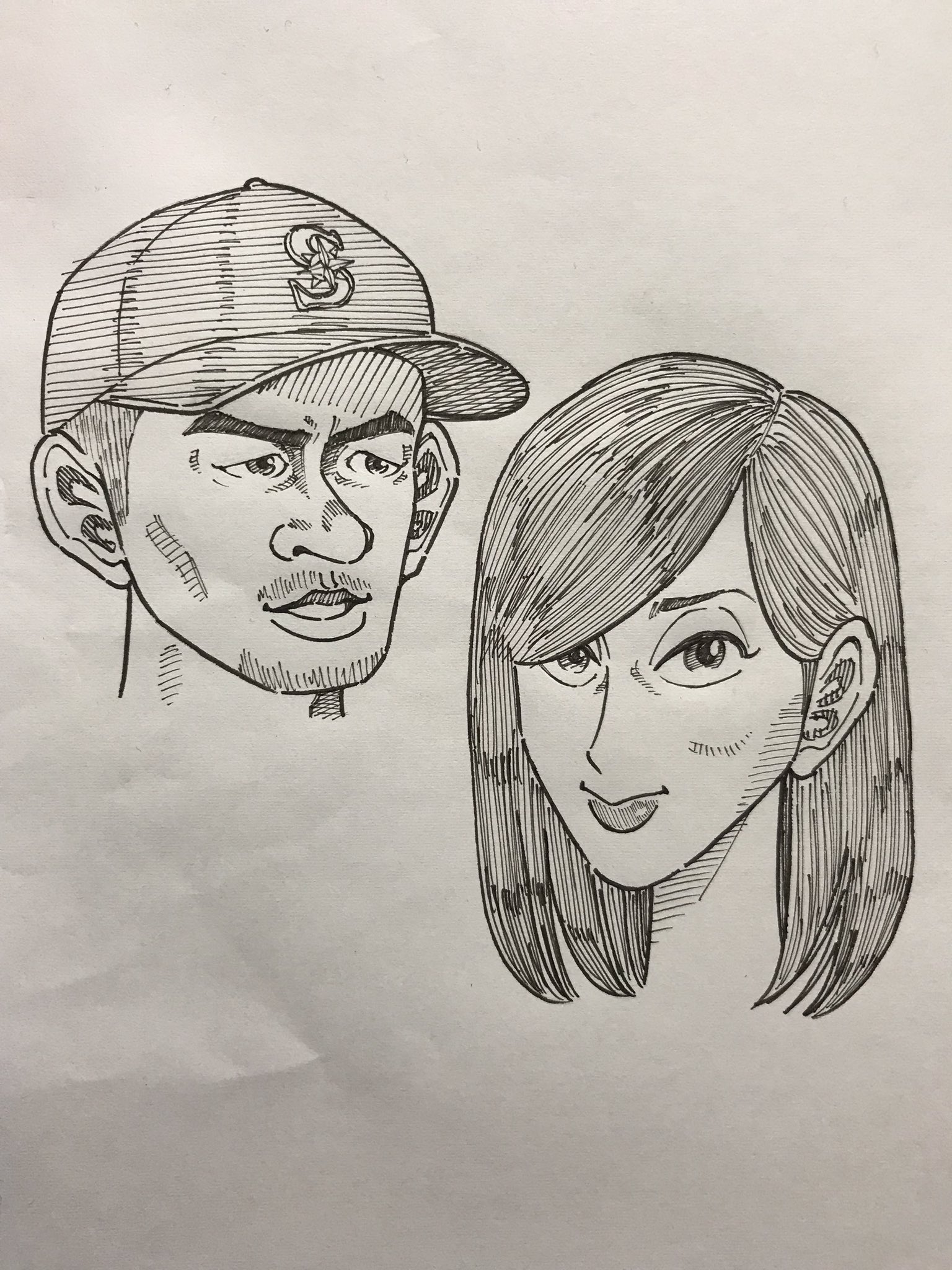 佐世保太郎 本日の鈴木夫妻 イチローが引退会見をした3月21日って実は私の誕生日でして それはつまりイチが私にバトンを渡した そう捉えてもいいのでしょうか 似顔絵 イラスト 絵 イチロー Ichiro 福島弓子 野球 スポーツ Mlb シアトル