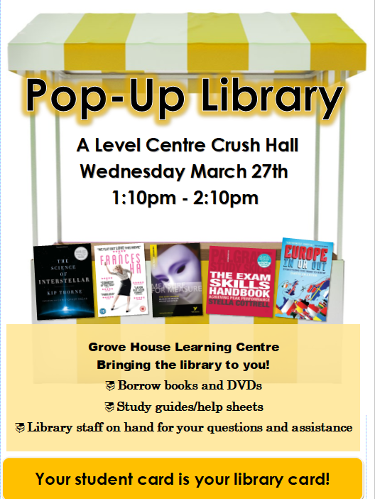 ESC_LC's tweet photo. .@ESColleges - Exams are on the horizon. 
The Pop-up library will be in the A Level Centre Crush Hall, Wednesday March 27th, 1:10pm - 2:10pm. Come along and find out how we can help you prepare. https://t.co/BtP22ecCff
