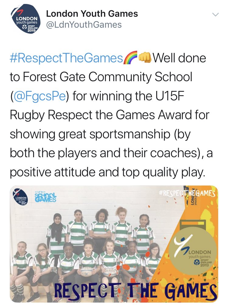 aNCommunity1's tweet photo. Immensely proud of the Girls at @FgcsPe for Winning the U15F Rugby Respect and Games Award for their sportsmanship! Your role models for Newham! Well Done 👏🏼
🏆🎖
#RespecttheGames #Proud #ForestGate #RoleModels https://t.co/8XoJRFhXIE