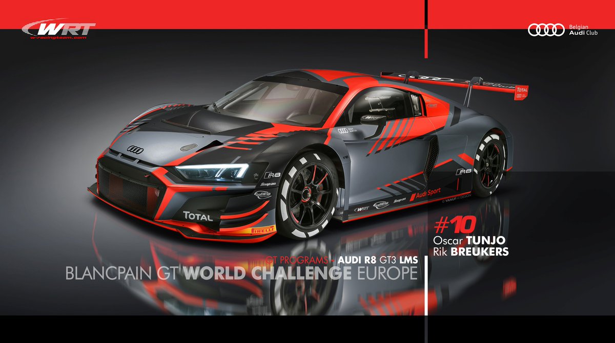followWRT's tweet photo. WRT CARS 2019 - Blancpain GT World Challenge Europe

Audi R8 LMS 
Belgian Audi Club Team WRT

DRIVERS:
#1 E. Pérez Companc (AR) – Dries Vanthoor (BE) 
#2 Charles Weerts (BE) – Christopher Mies (DE) 
#10 Oscar Tunjo (CO) – Rik Breukers (NL) 
#17 Shae Davies (AU) – Tom Gamble (UK) https://t.co/pVH5spfesK