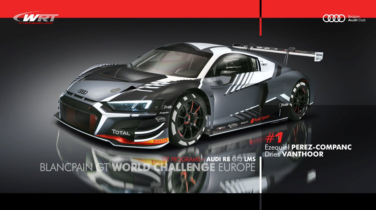 followWRT's tweet photo. WRT CARS 2019 - Blancpain GT World Challenge Europe

Audi R8 LMS 
Belgian Audi Club Team WRT

DRIVERS:
#1 E. Pérez Companc (AR) – Dries Vanthoor (BE) 
#2 Charles Weerts (BE) – Christopher Mies (DE) 
#10 Oscar Tunjo (CO) – Rik Breukers (NL) 
#17 Shae Davies (AU) – Tom Gamble (UK) https://t.co/pVH5spfesK