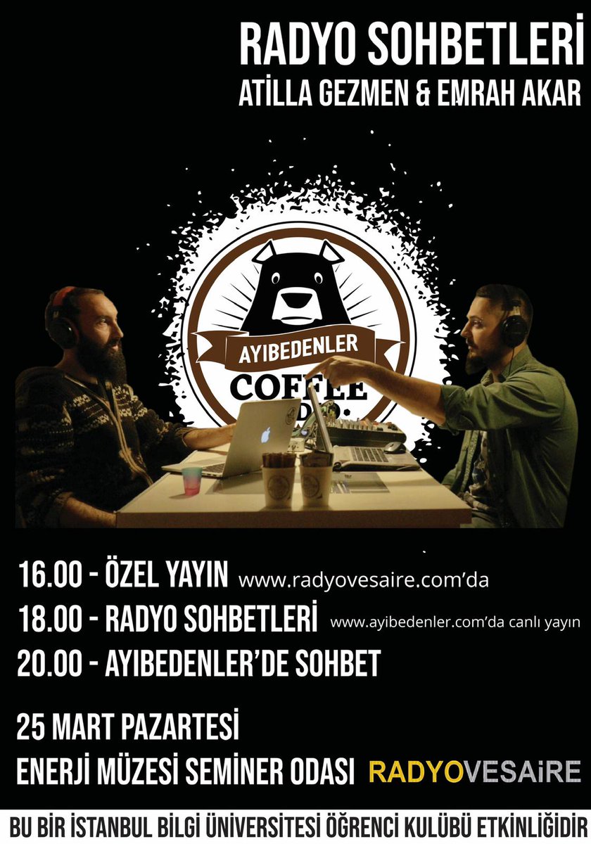 Bugün Bilgi Üniversitesi Radyosu <a href="/RadyoVesaire/">RadyoVesaire</a> de Ayıbedenler olarak "Radyo Sohbetleri"nde olacağız 🖖🏽
