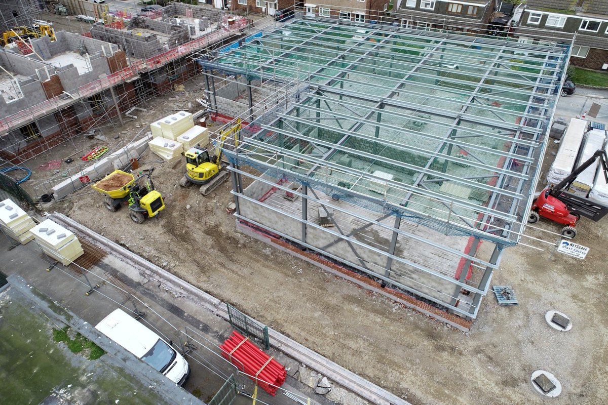 JPHArchitects's tweet photo. The frame for the new commercial unit adjacent to the courts in Prestatyn is up, RLD Construction are making good progress, here are some aerial photographs of the works @rldconstruction #Architecture #DronePictures #NorthWales https://t.co/3zqXMKOIau