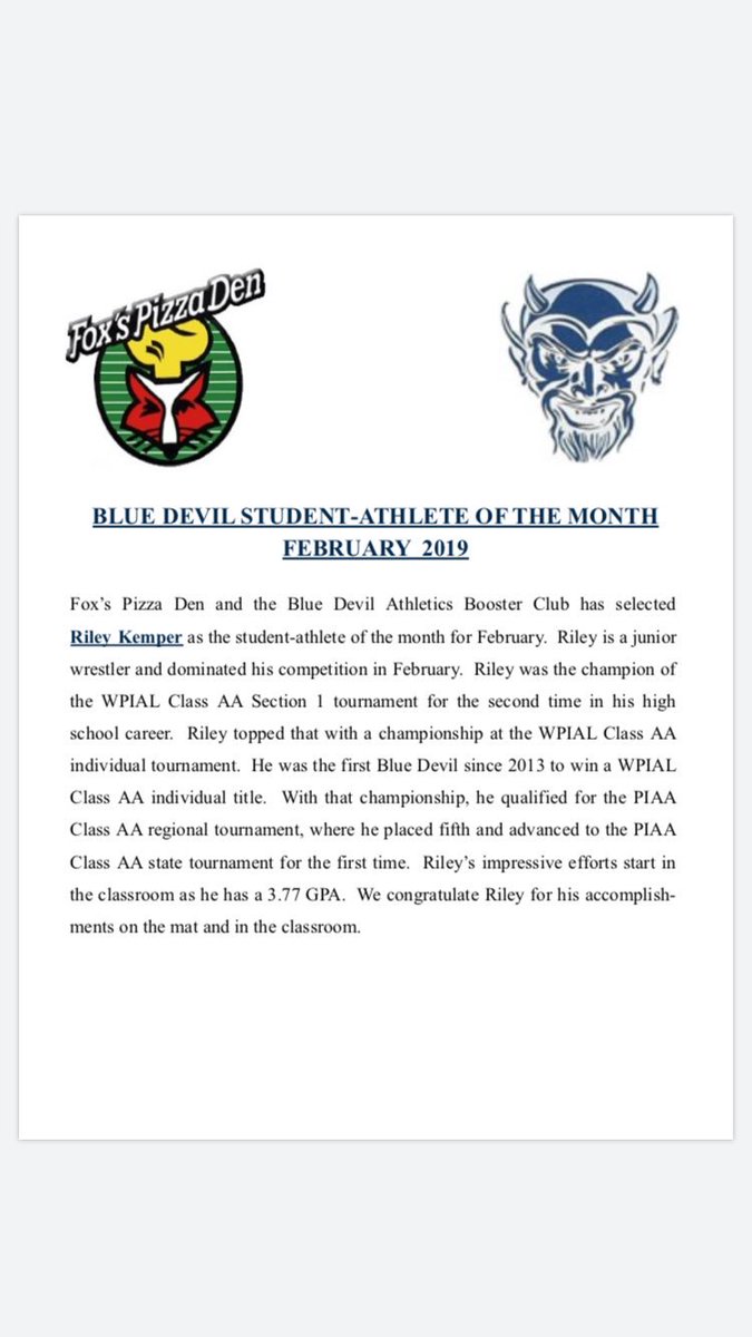 Huge congrats to Riley Kemper!!!!  #BlueDevilBoosters #AthleteOfTheMonth