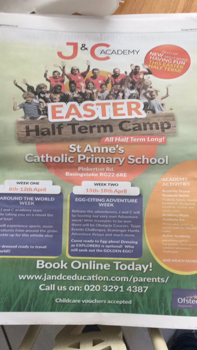 PascalSuntah's tweet photo. Looking to keep your children busy and engaged this Easter? @AcademyJandc are running this half term in Basingstoke check out our advert in @BasingstokeNews for more information or visit https://t.co/mJIyVI0hEn #holidayclub #Easter #Kidscamp #holidays #children https://t.co/nMHr8iai2t