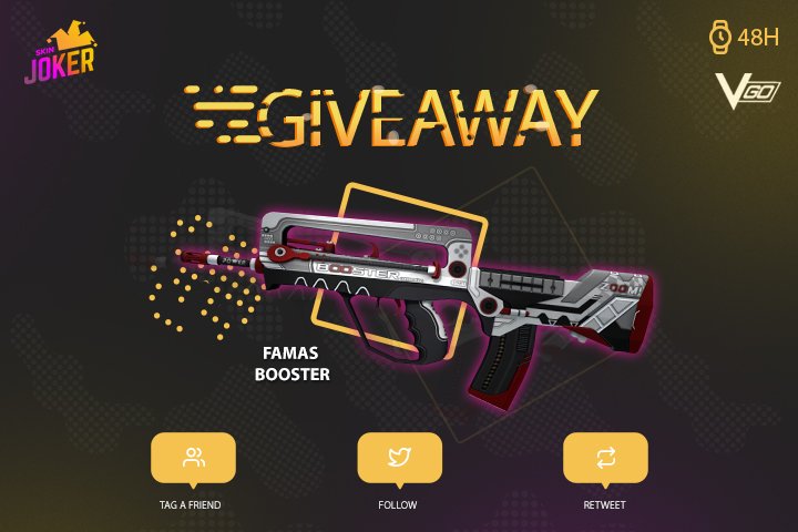 stakejokercom's tweet photo. π₯ GIVEAWAY ! To Win: FAMAS | Booster
βοΈ Visit: https://t.co/t93FXaBIY0
βοΈ Retweet & Tag a Friend
βοΈ Follow us
βοΈ Turn on twitter notifications
β° Winner will be picked in 48 hours!
#VGO #vgogiveaway #SkinJoker #VGOSkins https://t.co/5P0ay8hsAN