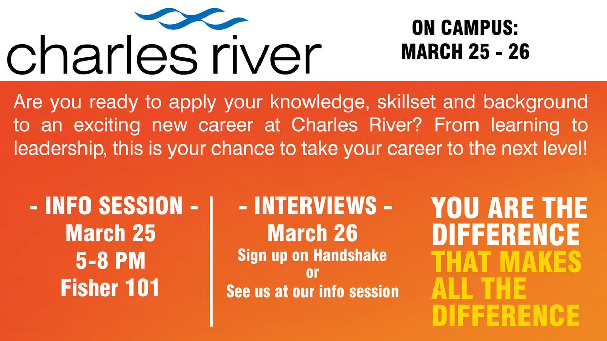 Take your career to the next level with Charles River. They will be on campus until tomorrow! See more details 👇🏼
