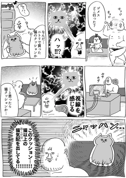 存在感のある猫クッションの話(写真左) 