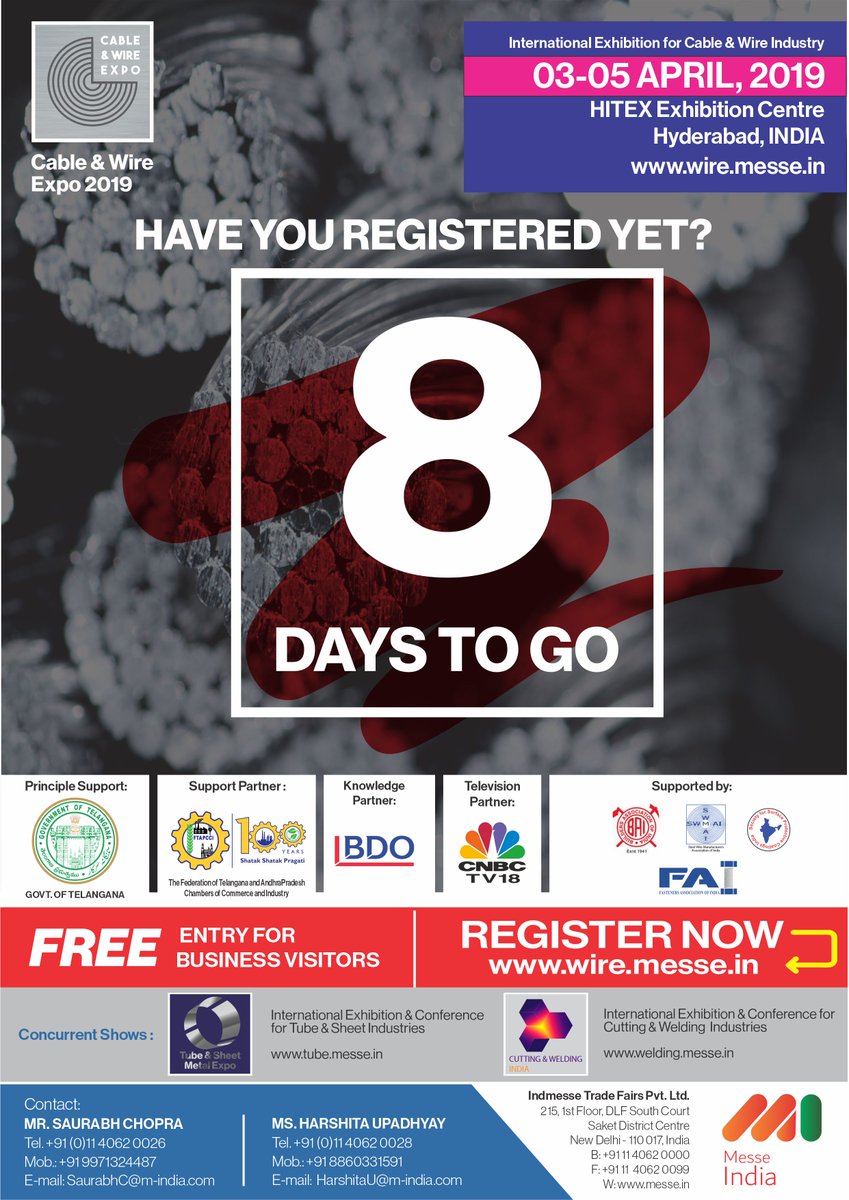 WireExpo's tweet photo. The countdown has begun!
8 days to go, Join us at the premium show of Cable &amp; Wire Industry at Cable &amp; Wire Expo 2019.
Register Now on https://t.co/9jIPTSJ2pp
#cableandwireexpo2019 #exhibition #countdown #cables #wire #register #hyderabad #telangana #businessevent #messeindia https://t.co/L48qUdti8e