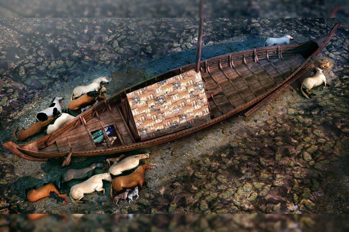 Behind the mast, archaeologists found a burial chamber, decorated on the inside by a beautiful woven carpet. Inside the burial chamber, there was a made bed containing the buried person.The boat was surrounded by animal bones too: 12 horses, 8 dogs, 2 goshawks and 2 peacocks.