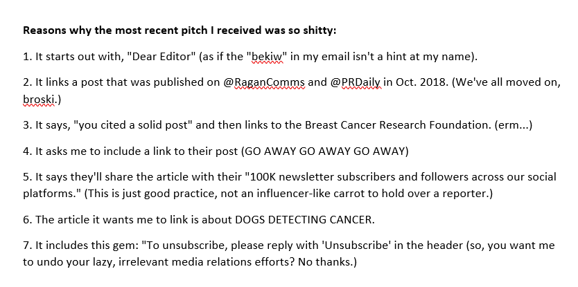 bekiweki's tweet photo. I got a pitch with the subject: "Research on Dogs Detecting Cancer" for @PRDaily and @RaganComms. Enjoy this list of what made this media relations attempt so shitty. #pitchfail #PR https://t.co/fe15HZSqTS