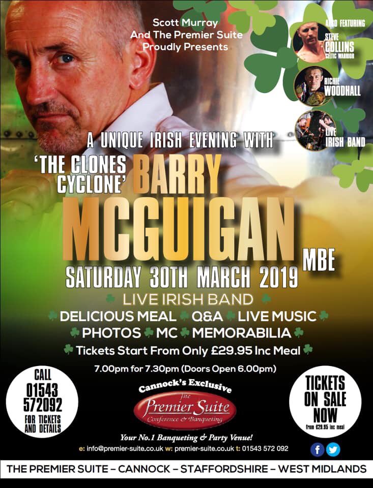 It’s a great week for Boxing Fans here in the WestMidlands!
The BoxingAficionadosClub with BigDaddy SteveBunce this Wednesday @Barsport Cannock, followed by our exclusive Evening with Barry McGuigan, Steve Collins & Richie Woodhall this Saturday @ThePremierSuite
T: 01543572092