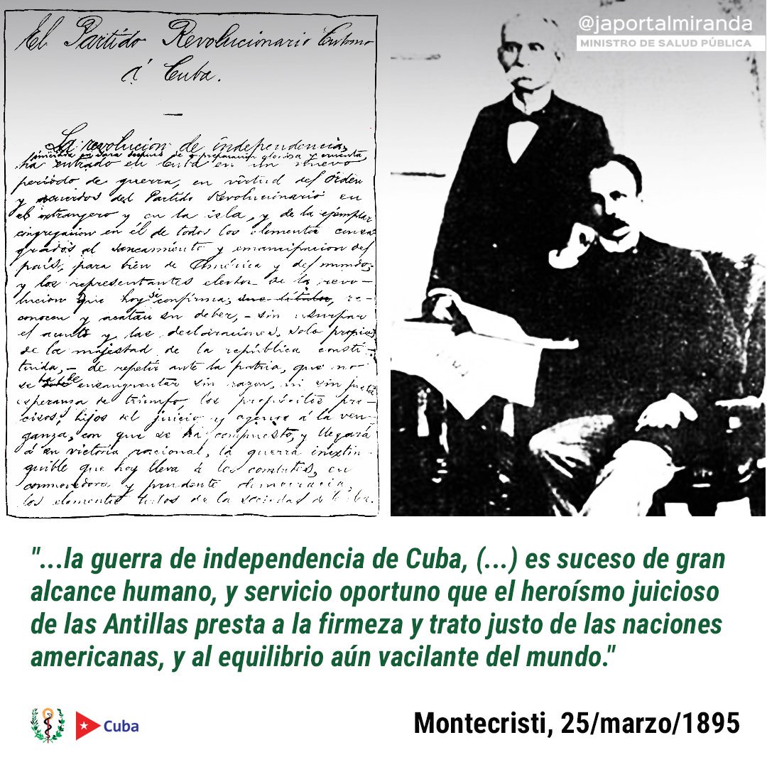 japortalmiranda's tweet photo. A 124 años de la firma del Manifiesto de Montecristi por Martí y Gómez, considerado por #Fidel como “...uno de los más grandes legados políticos que ha recibido nuestro pueblo.” los cubanos reafirmamos que continuaremos defendiendo nuestra soberanía. #SomosContinuidad @DiazCanelB https://t.co/DunfwaAa1E
