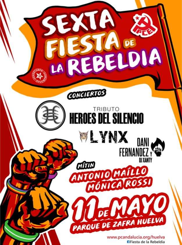 Si el 11 de Mayo estás ppr #Huelva no te puedes perder la #VIFiestaRebeldía

¡Con conciertos de Tributo a Héroes del Silencio, LYNX y Dani Fernández y DJ Xanty!

Pero antes podrás escuchar el Mítin de la VI Fiesta de la Rebeldía, ¡con <a href="/MailloAntonio/">Antonio Maíllo 🇪🇭🔻</a> y @marioladelmar!
