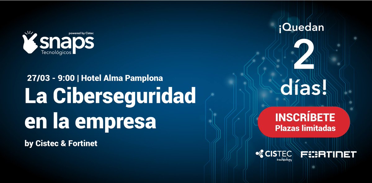 Una oportunidad para conocer los principales problemas de #ciberseguridad a los que tu empresa podría enfrentarse hoy mismo. 
Inscríbete en: snapstecnologicos.com/la-ciberseguri…

 Patrocinador oficial:<a href="/Fortinet/">Fortinet</a> Colaboran: <a href="/SERnavarra/">SER Navarra</a> <a href="/Alma_Pamplona/">Hotel Alma Pamplona</a> #SnapsTecnológicos