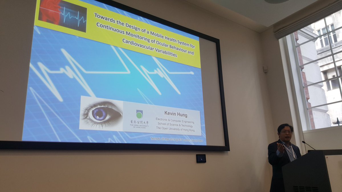 TechAAL's tweet image. Kevin Hung presents his work on the design of a mobile health system for continuous monitoring of ocular behaviour and cardiovascular variabilities
