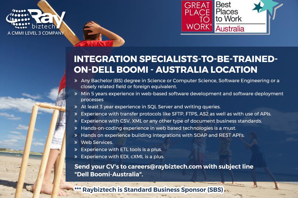RBT_Original's tweet photo. Opening's for #Integration Specialists-to-be-trained-on-Dell Boomi - Australia. Minimum 3 years of experience. 

Kindly share your updated CV to careers@raybiztech.com

Current location: India
Work location: Australia

#AustraliaJobs #jobsinaustralia #BoomiJobs #BoomiDevelopers https://t.co/J96tiWKgfh