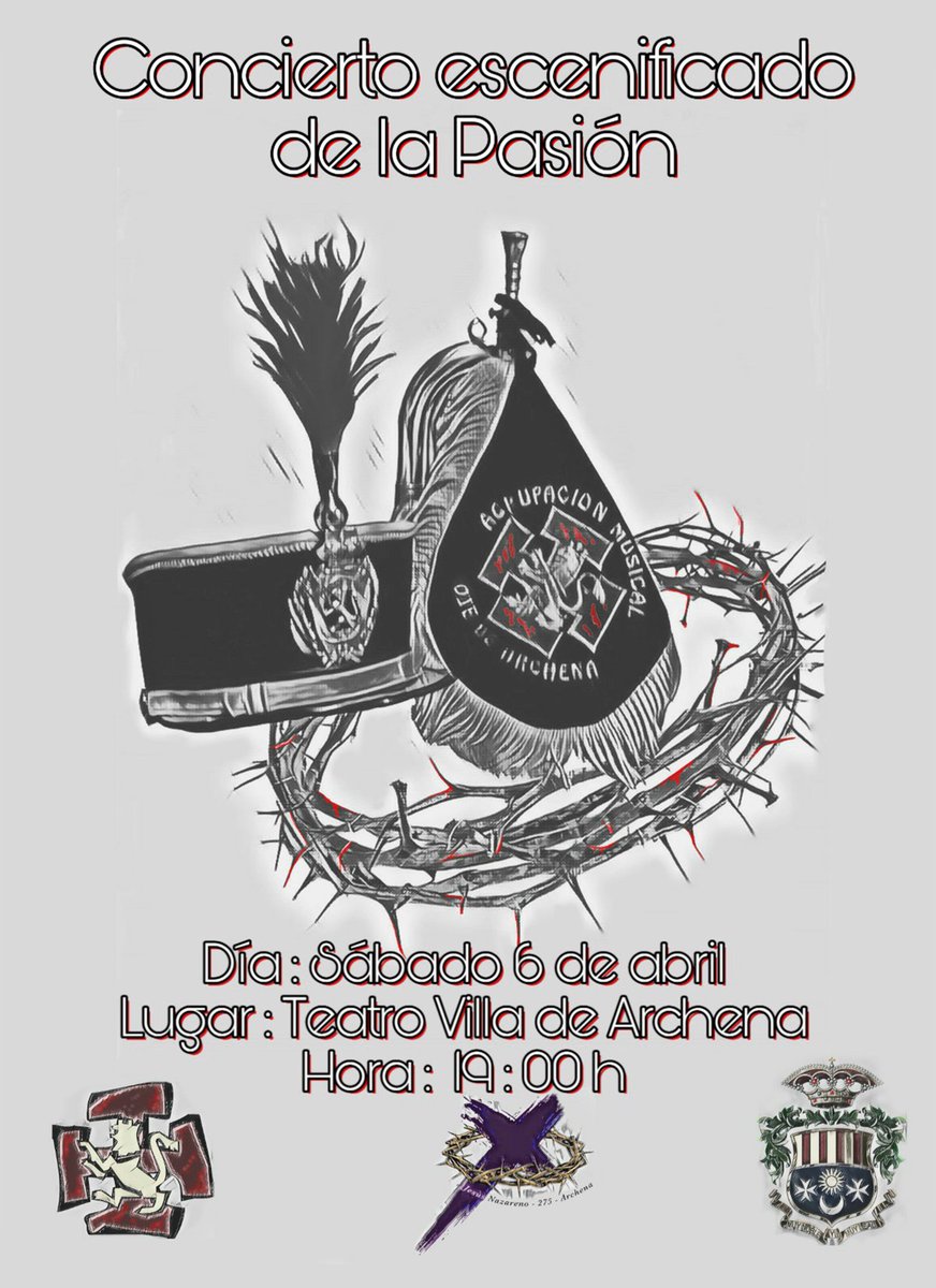 OJEArchena's tweet photo. Presentamos el cartel del concierto escenificado de Semana Santa que ofrecerá nuestra Agrupación Musical junto a la Hermandad de Nuestro Padre Jesús Nazareno, con motivo del 275 Aniversario.
 ¡Entrada gratuita 🎟! https://t.co/3wsE6dNm8V