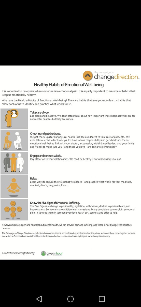 FUCKDEPRESSIO13's tweet image. Healthy habits of Emotional Well-being 🧡 #changedirection #320ChangesDirection #mentalhealth #mentalwellbeing