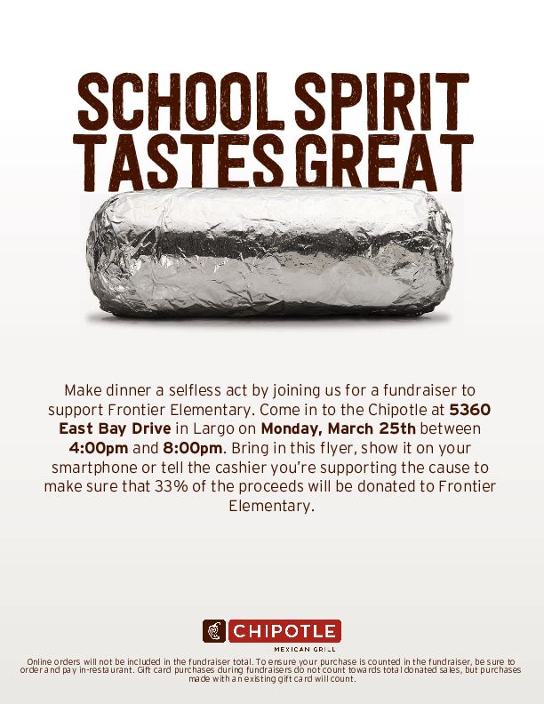 FrontierPanther's tweet photo. Don't forget that TONIGHT is the Chipotle fundraiser for Gifted, Talented &amp; STEM. Just mention FRONTIER at check out and 33% of your purchase will support our trip! https://t.co/aWByfB5ZdF