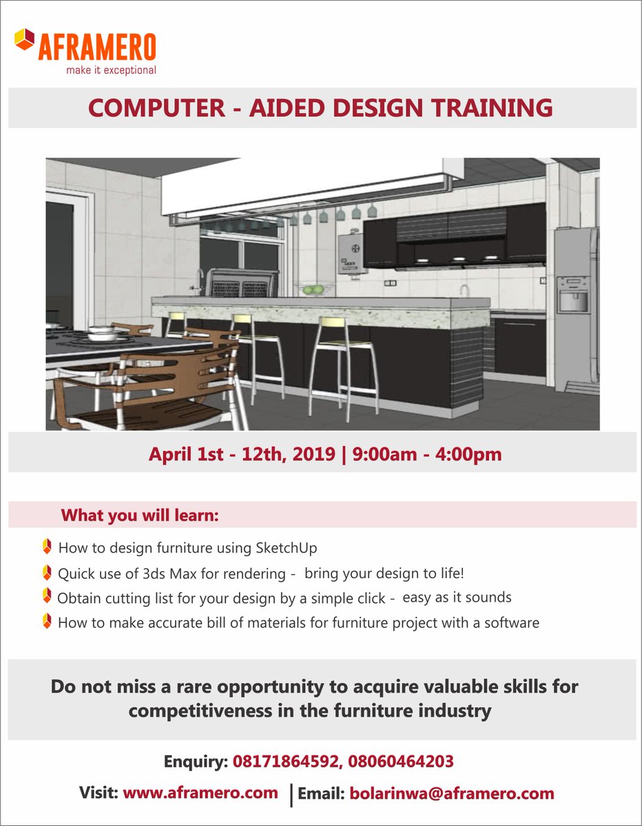 AframeroLimited's tweet photo. COMPUTER-AIDED DESIGN TRAINING
10-DAY INTENSIVE TRAINING
APRIL 1ST - 12TH, 2019 | 9:00AM - 4:00PM 
#training #CAD #architect #interiordesigner #furnituremaker #furnitureinstallers #furnituredesigner #estatedevelopers #makeitexceptional #Nigeria https://t.co/fY1XkF4tdi