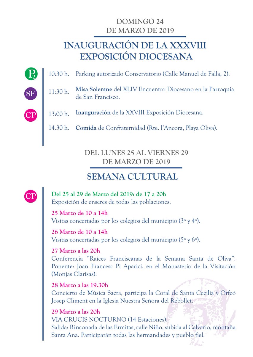 GentdOliva's tweet photo. Hoy comienza la Semana Cultural de la #DiocesanaOliva2019, organizada por la JC de Hermandades de la #SemanaSanta de #Oliva, con la colaboración de la #concejalíaFiestas del @AjuntamentOliva. El sábado 30 tendrá lugar la XXXIII Procesión Diocesana. + info:https://t.co/tupUVcTqEB https://t.co/Dqx2cpTVqa