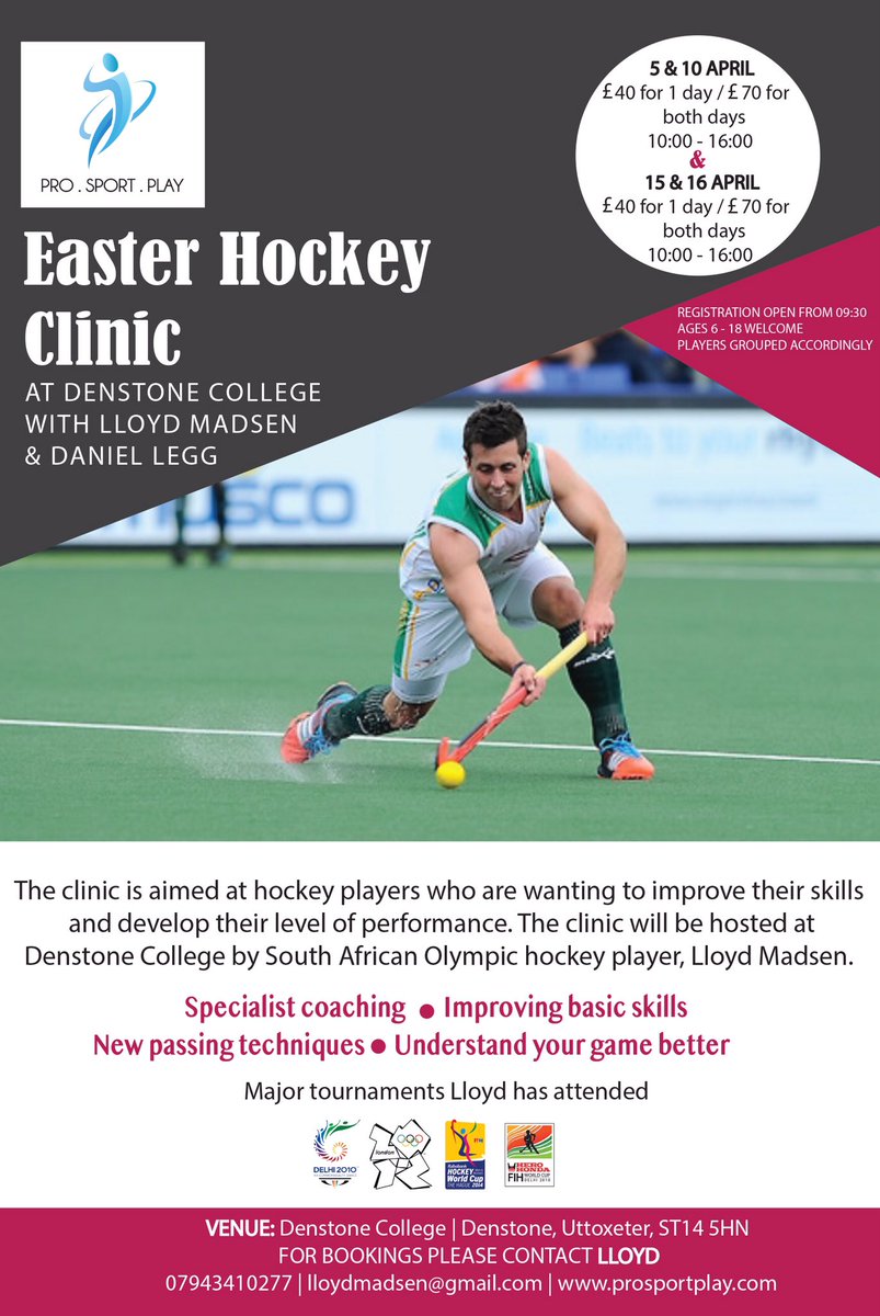ProSportPlay's tweet photo. ** OPEN TO ALL **
Denstone College Hockey Clinic
🗓 5th &amp; 10th April 2019
🗓 15th &amp; 16th April 2019
⏰10am to 4pm
📍Denstone College Drive Astro
💷£40 for 1 day
💷£70 for 2 days https://t.co/NfhJexQ9at