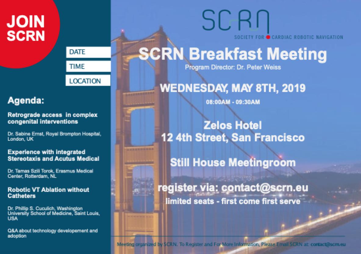 CardiacFor's tweet photo. Registrations open for the SCRN Breakfast Meeting on 08th May 2019 in San Francisco. Register now by sending an email to contact@scrn.eu (limited seats, first come - first serve) https://t.co/d9dWkd3Bbm