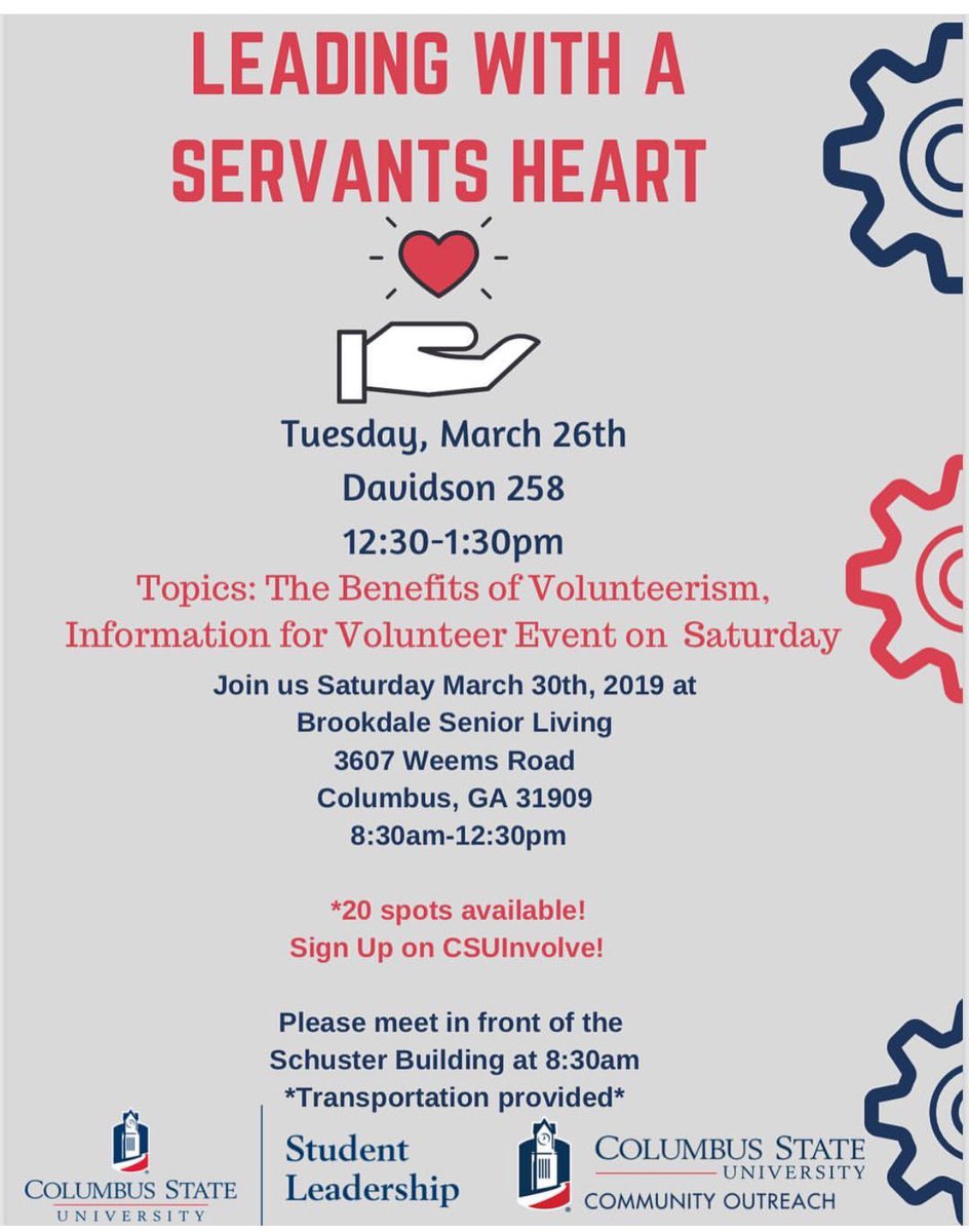 Lead_CSU's tweet photo. Join us in Leading With a Servant's Heart 🕺🏽❤️ TOMORROW, Tuesday, March 26th In Davidson 258 at 12:30. Also come out on March 30th to Brookside Nursing Home starting at 8:30 - 12:30pm❗️ #ColumbusNotClayton #IssaLeader #SLB #CougarKickoff #JBLF #MonthlyLeadershipWorkshopSeries https://t.co/Gp7nVvNBL2