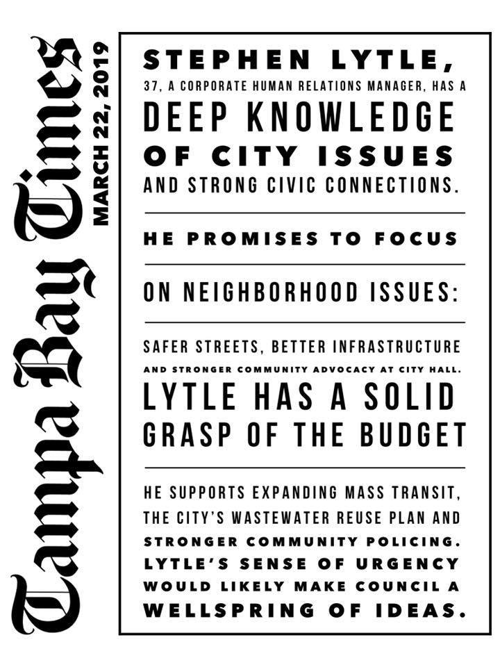 Lytle2019's tweet image. Tampa Bay Times Gives Praise for City Council Candidate Stephen Lytle lytle2019.com/2019/03/25/tam…