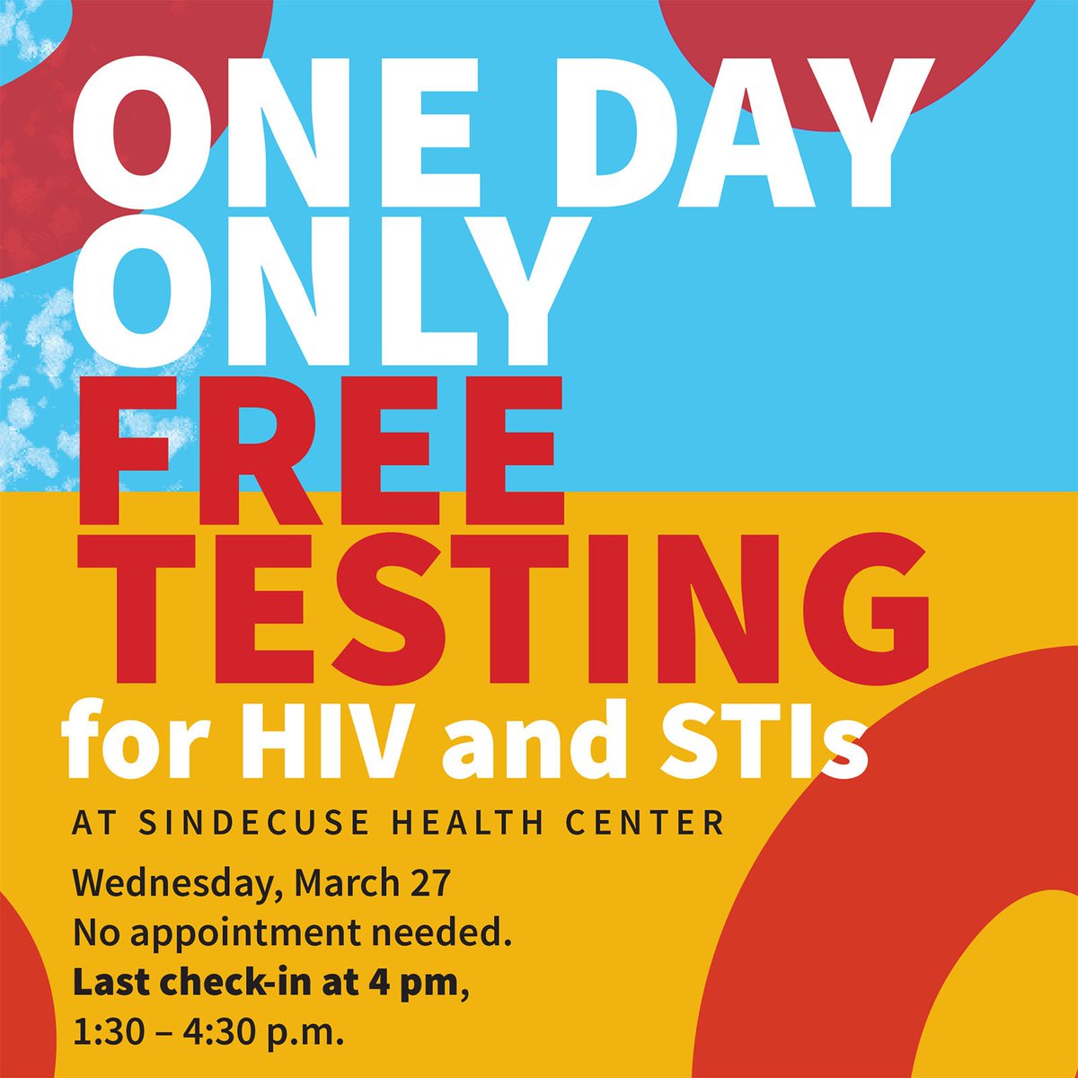 Sindecuse's tweet photo. Yes, really! 1-day only FREE testing for HIV &amp; STIs Wed., 3/27, 1:30-4:30 at the health center. Last check in 4pm. Offered by Kalamazoo County Health dept. Limited parking. Observe all WMU parking regs. https://t.co/oMbBz5KeCH