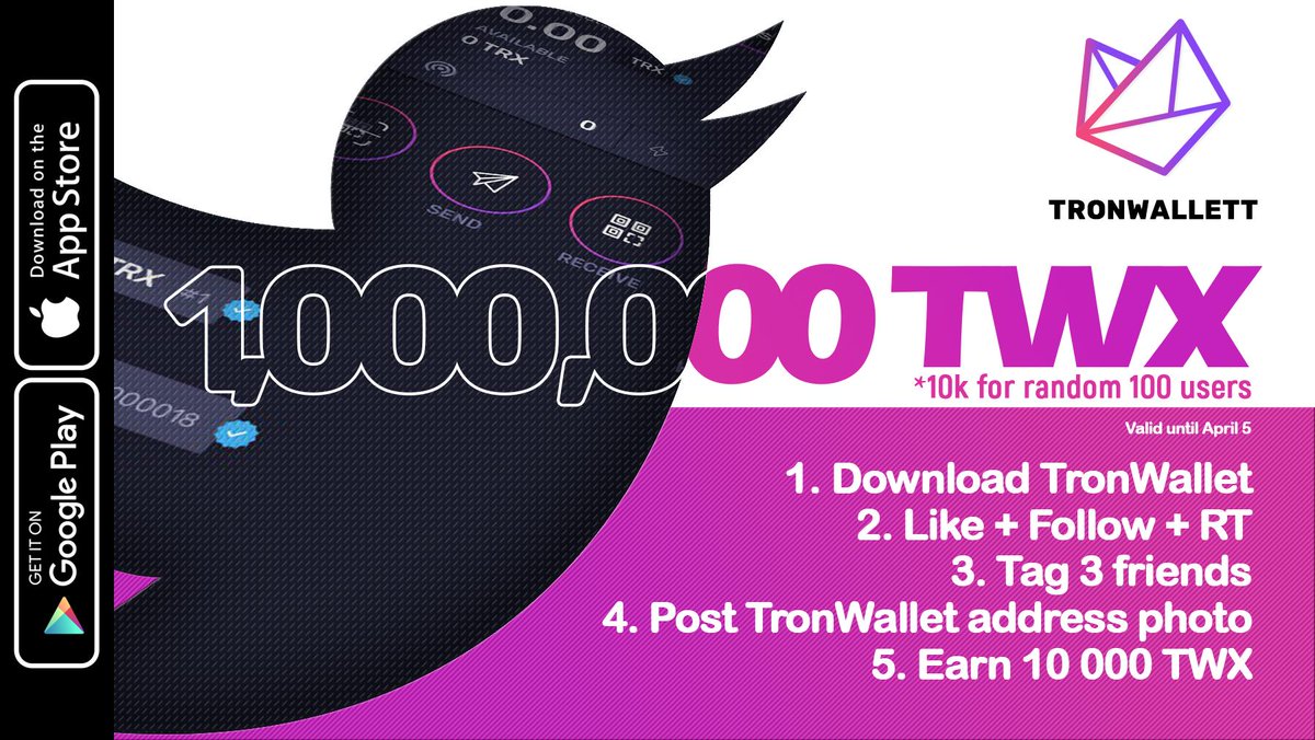 Good news is coming and we are celebrating! We will randomly pick 100 winners for a bag of 10k #TWX until 4/5!  

How to apply:

1. Download TronWallet - tronwallet.me
2. Like + Follow + RT
3. Tag 3 friends
4. Post TronWallet address photo
5. Earn 10,000 TWX