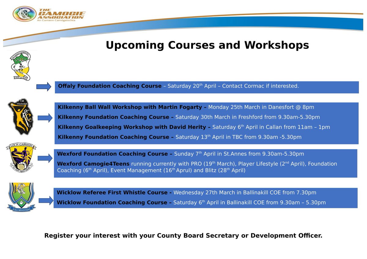CamogieDevelop's tweet image. 📌📒 Upcoming events in @OffalyCamogie @wexfordcamogie @KilkennyCamogie @CamogieWicklow . Contact your County Development Officer for more information.