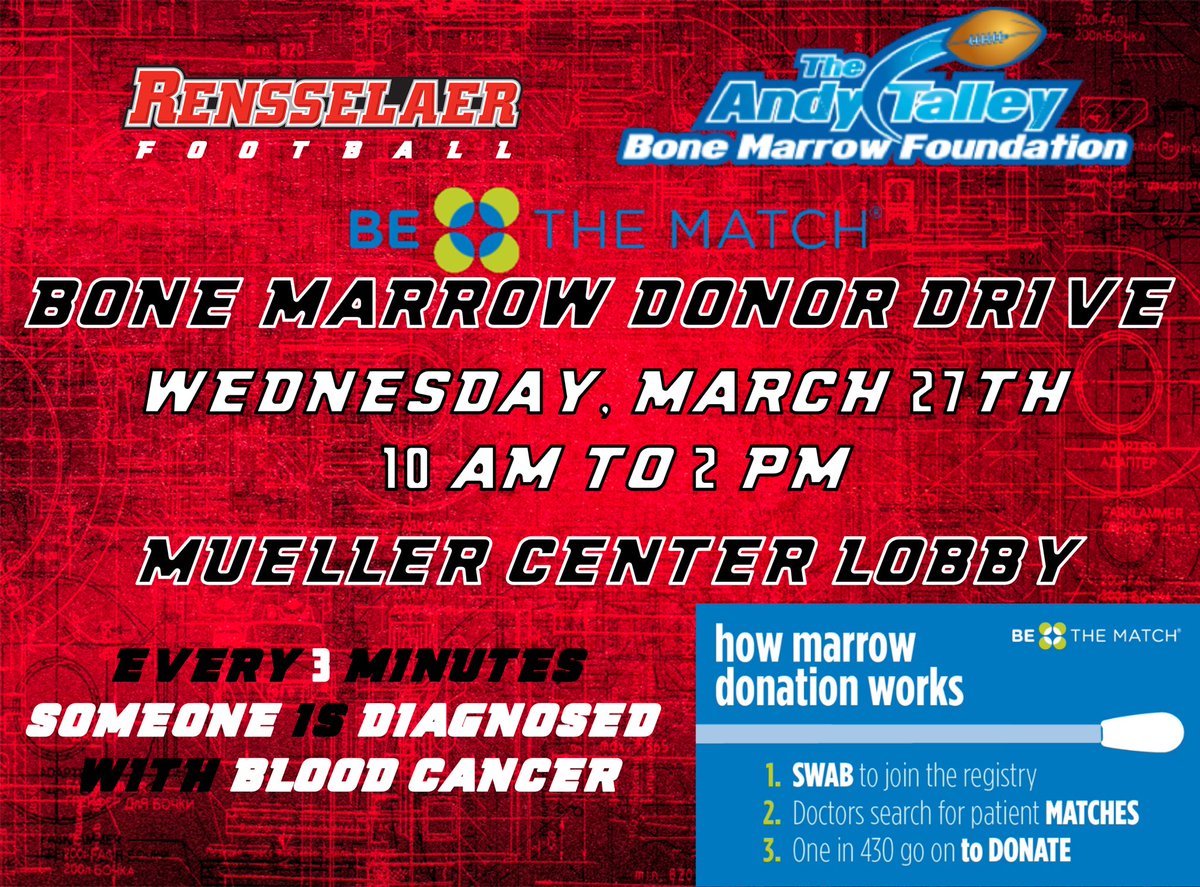 RPIFootball's tweet photo. Take 5 minutes out of your day this Wednesday from 10am-2pm, and help save a life with @RPIFootball, @BeTheMatch and @TalleyBoneMarro! Open to all of campus and the public!! Lets set a new record number of donors for our campus! https://t.co/syq2eEYICl