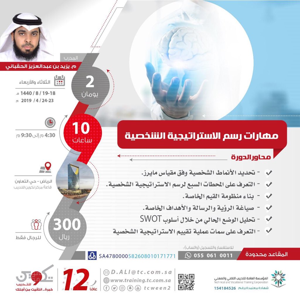 y_alhaqbani's tweet photo. أحبتي في #الرياض 
أسعد بكم في دورة
#مهارات_رسم_الاستراتيجية_الشخصية 
ضمن سلسلة #برامج_تكوين_2019 
🔖 بادر بالتسجيل فالمقاعد محدودة !!
(للرجال فقط)

📲للتسجيل والاستفسار:
0550610011
@tcween2 https://t.co/P0BkXt8MFY
