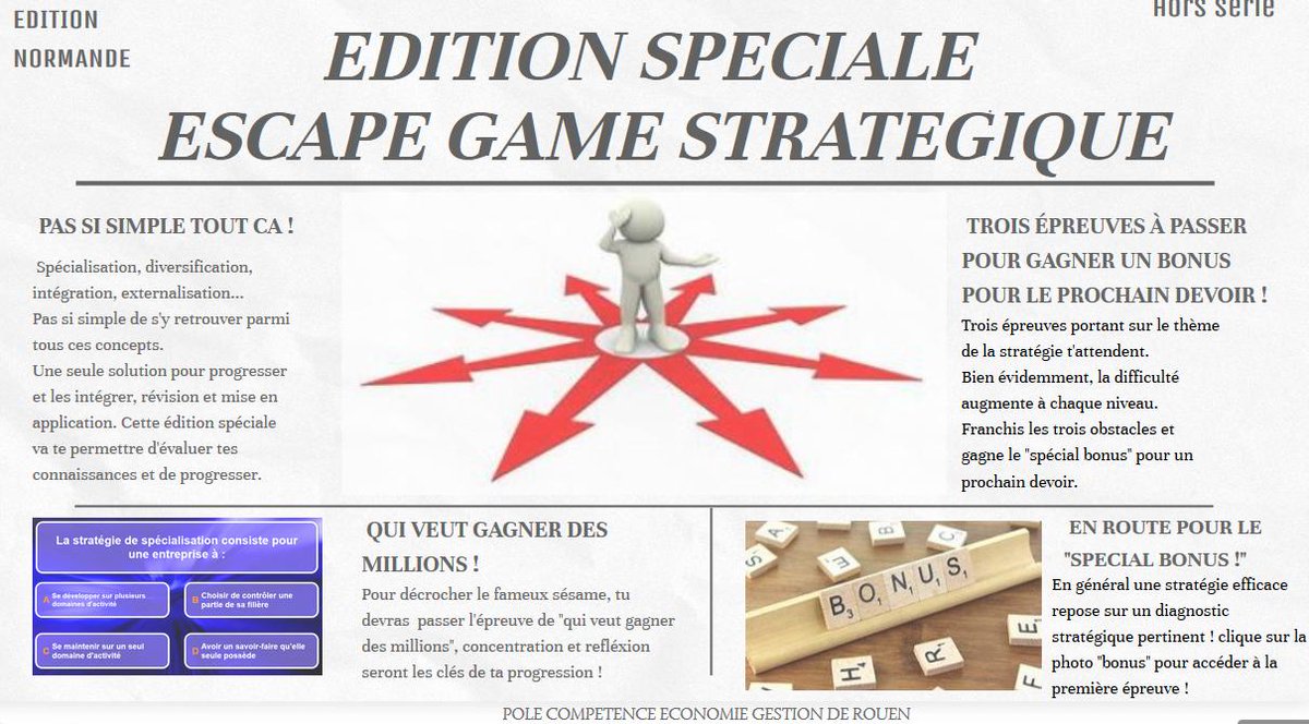 Le site #économie et #gestion de l'@acrouen propose un escape game sur les stratégies des entreprises eco-gestion.spip.ac-rouen.fr/?Mise-en-appli…  #Management #STMG @DaneRouen @IPRArnould @FereyStmg <a href="/ScapEdu/">S'CAPE</a> <a href="/ProfEisenhauer/">𝘑. 𝘌𝘪𝘴𝘦𝘯𝘩𝘢𝘶𝘦𝘳</a>