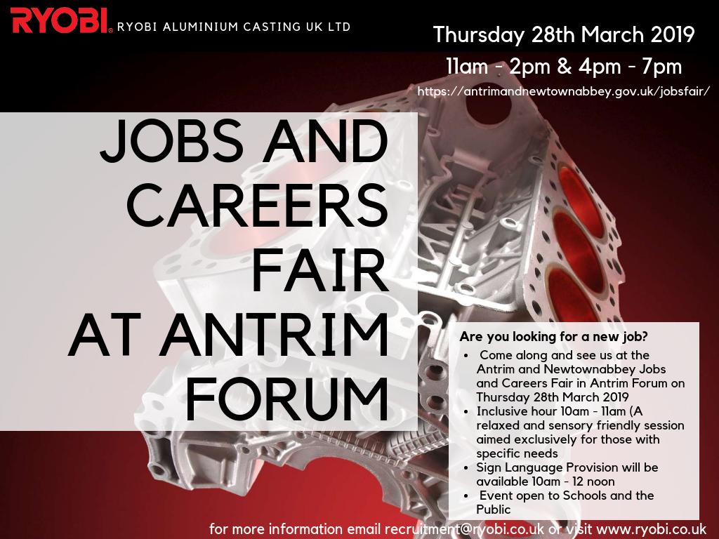 Are you looking for a new job?  Come along and see us at the Antrim &amp; Newtownabbey Jobs and Careers Fair in Antrim Forum on Thursday 28th March 2019 from 11am - 2pm and 4pm - 7pm. For further information visit antrimandnewtownabbey.gov.uk/jobsfair/
