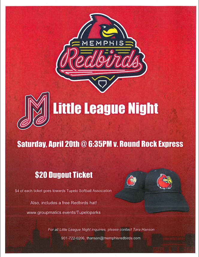TupeloSoftball's tweet photo. We have a great idea... Watch an awesome game, support #TupeloSoftball &amp; have a ton of fun w fellow Tupelo fans at Auto Zone Park in Memphis. Purchase tickets through our online portal for a guaranteed reserved seat before they're sold out by Apr 6th!

https://t.co/ooEmEwqFJS https://t.co/IU6lRr2tQX