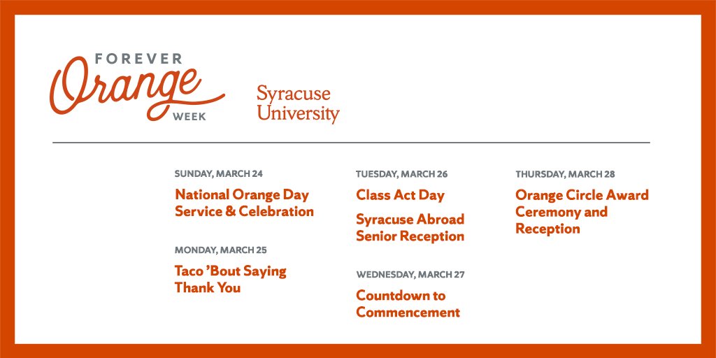 Join us for Forever Orange Week! 🍊 #SyracuseU’s 149th birthday celebration continues with a slate of activities this week. #4EverOrange
Event details: http://ow.ly/djJp30ob69j