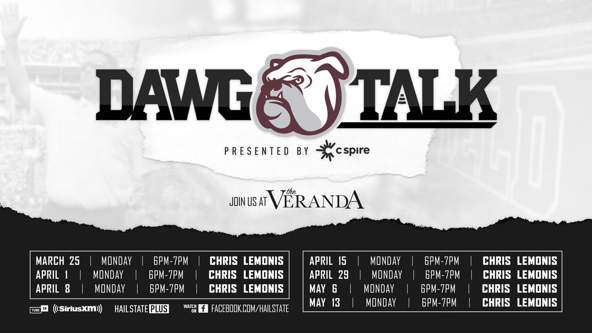 Join us tonight (March 25) at The Veranda for the first Dawg Talk of the season presented by C Spire! Coach Lemonis will go live at 6 p.m.

#HailState🐶