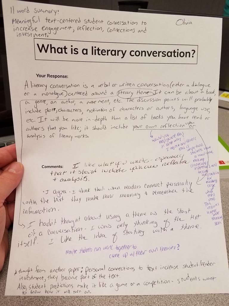 otimothyNY's tweet photo. Continuous Roundtable: What is a literary conversation?
Love our 11 word summary:
Meaningful text-centered student conversation to increase engagement, reflection, connections and investment. #gvepsit @KevinRKirkwood1 @SarahCal2012 https://t.co/RTKiCTXlyL