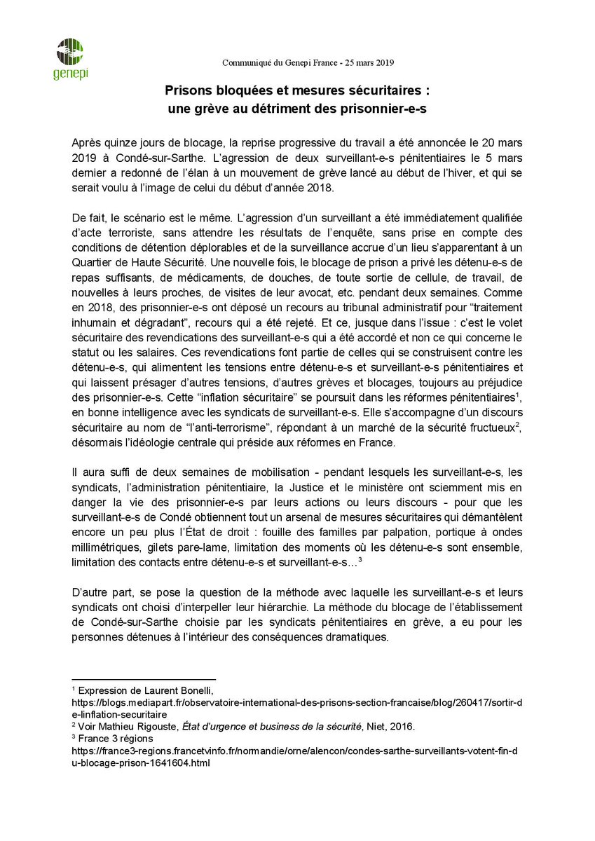 GenepiFrance's tweet photo. /// Prisons bloquées et mesures sécuritaires : une grève au détriment des prisonnier-e-s /// 

Le Genepi réagit à l'actualité - lisez notre communiqué !
https://t.co/NklnVEyf75 https://t.co/4nKDUP0tMo