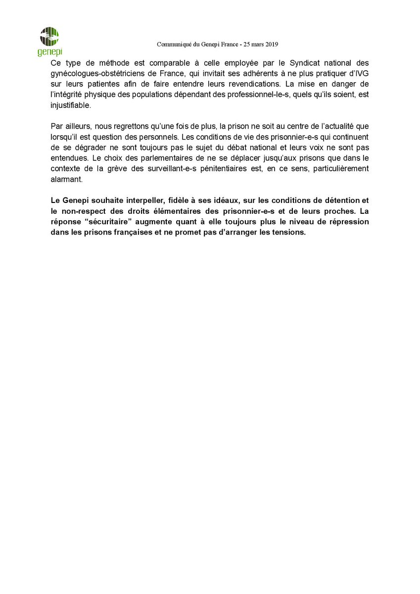 GenepiFrance's tweet photo. /// Prisons bloquées et mesures sécuritaires : une grève au détriment des prisonnier-e-s /// 

Le Genepi réagit à l'actualité - lisez notre communiqué !
https://t.co/NklnVEyf75 https://t.co/4nKDUP0tMo