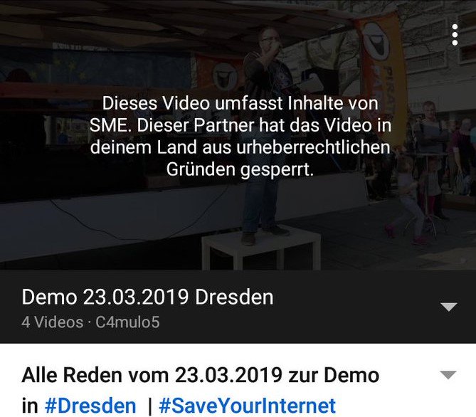 @sonymusicde hat ein Video von unserer #Artikel13Demo sperren lassen, wahrscheinlich weil einer "ihrer" Songs zu hören ist. Willkommen im Land der #Uploadfilter. Aber nein, #Artikel13 würde nichts zensieren! Auch keine Berichterstattung von Demos oder sowas... #SaveYourInternet