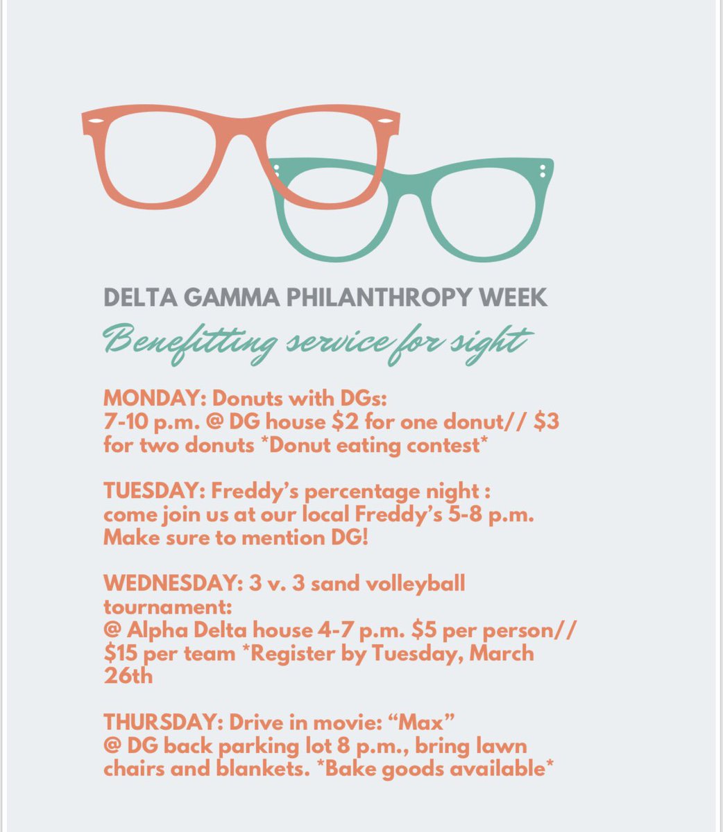 Hey bods! I hope you’re ready for an “inSIGHTful” philanthropy week! 😉 This week, the lovely ladies of Delta Gamma are putting on their Service for Sight week! Let’s support them as they put on some awesome events.