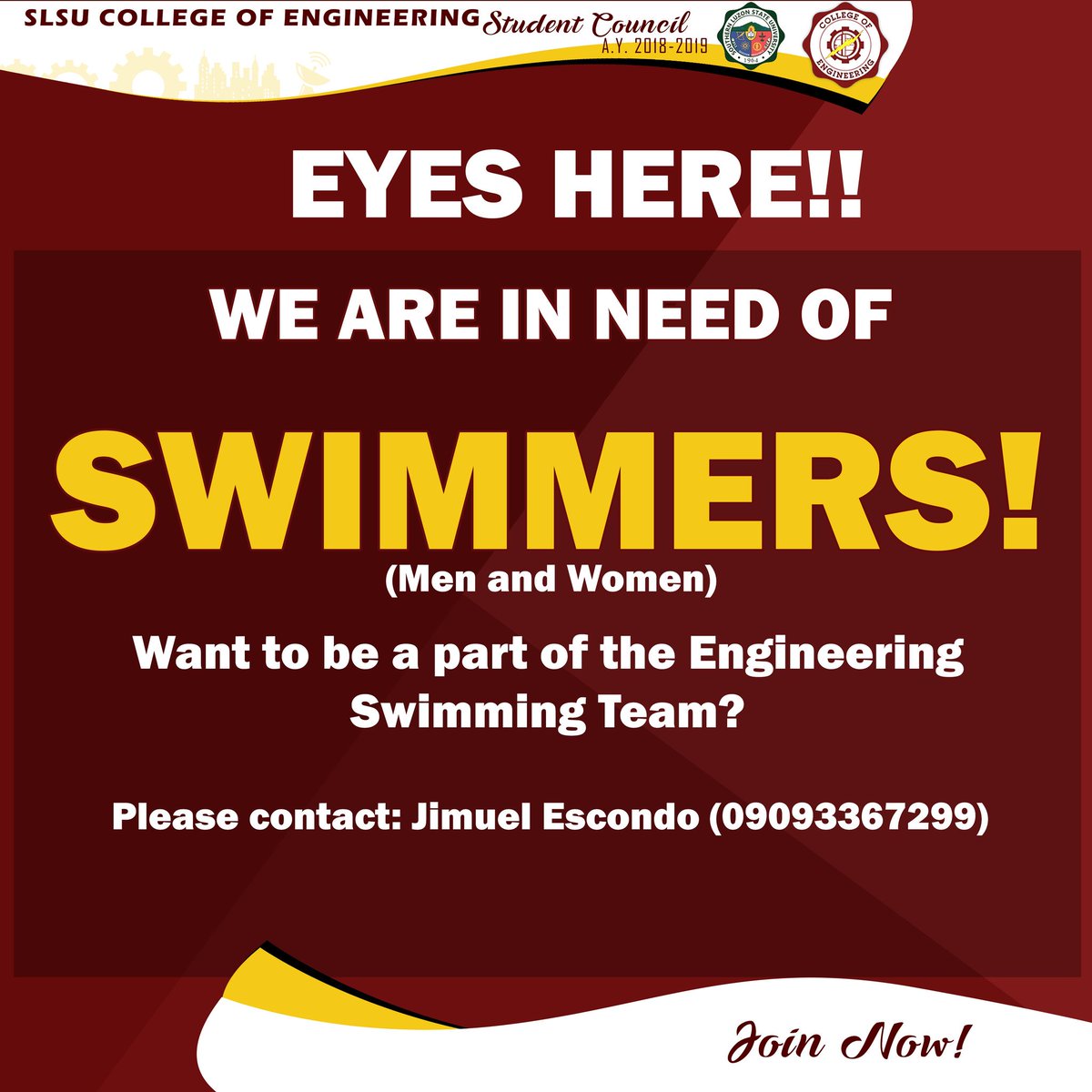 SLSUCEnSC's tweet photo. LAST CALL!!!

Want to be a part of the College of Engineering Swimming Team?

It's your time to shine!

See photo for details.

For more information, please contact:
Jimuel Escondo(09093367299)

Join now! https://t.co/T04VEVZEmQ