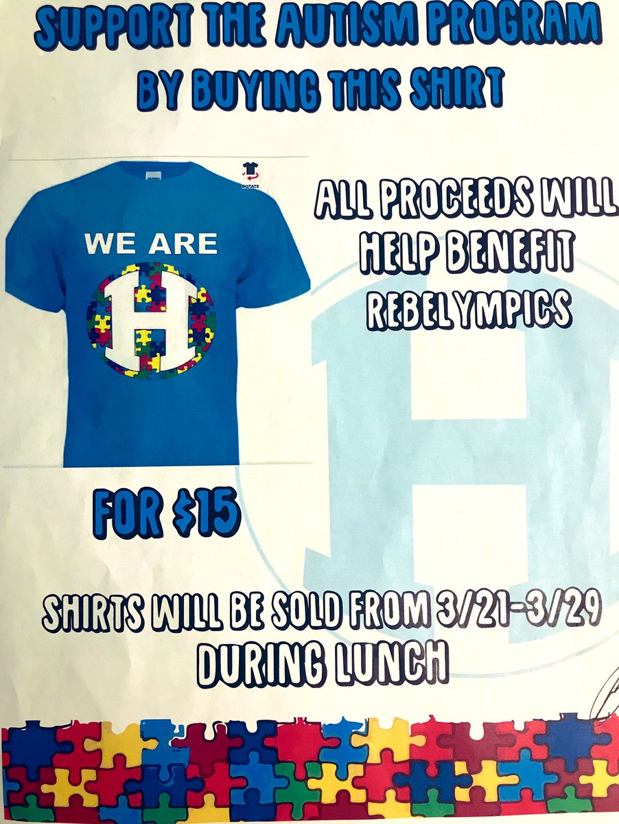 MsGregorakis's tweet photo. All Week Peer Leaders are selling shirts during lunch in support of our Autism Program!!! Rock these shirts on April 18th for Autism Awareness Month!!! @BravermanHHS @mengland_hhs  @howellanytown @HowellRebellion @Howell_Guidance  @Howell_RFL #wearehowell https://t.co/qAV02mApWv