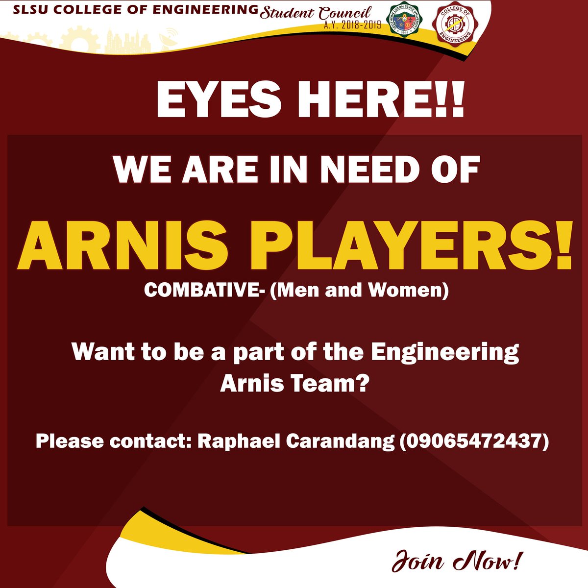 SLSUCEnSC's tweet photo. LAST CALL!!!

Want to be a part of the College of Engineering Arnis Team?

It's your time to shine!

See photo for details.

For more information, please contact:
Raphael Carandang(09065472437)

Join now! https://t.co/kjdDSdPxMM