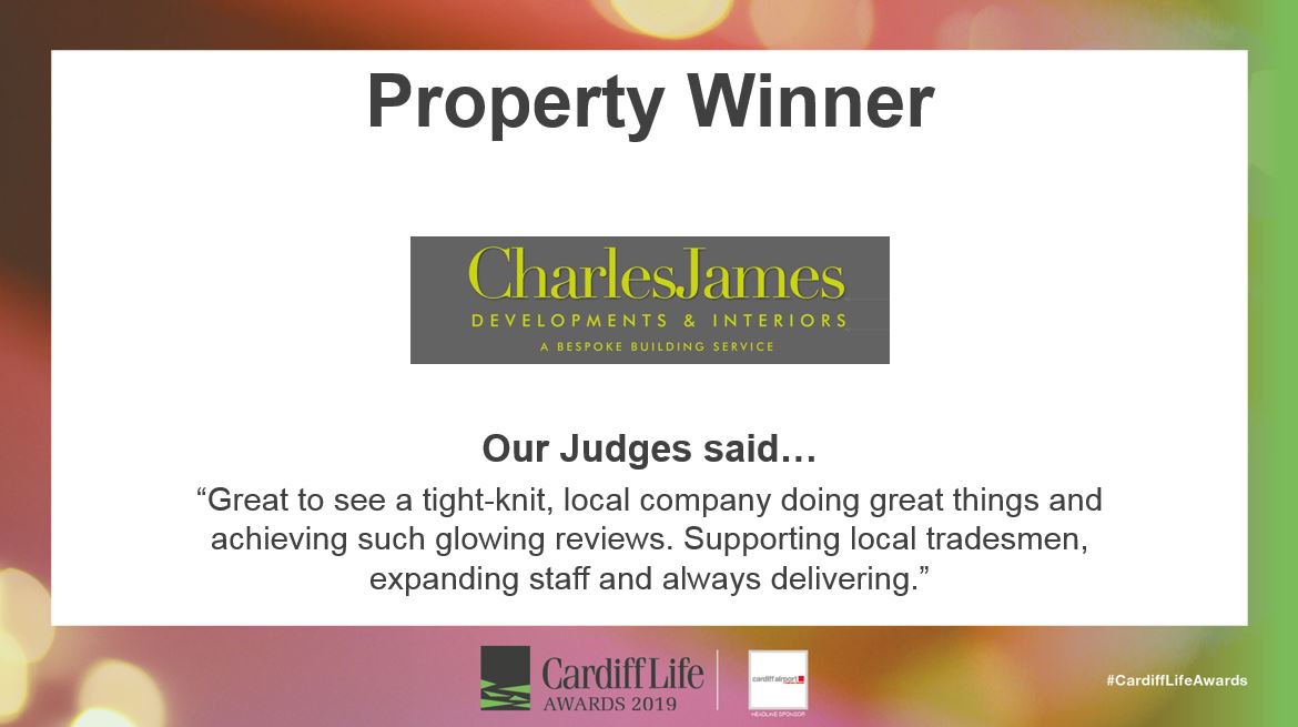 CardiffLifeAwds's tweet photo. Congratulations once again to @charlesjamesltd as our 2019 Property Winner! #CardiffLifeAwards 

Sponsored by: @ParkPlazaCardif https://t.co/LQgL2rve3R