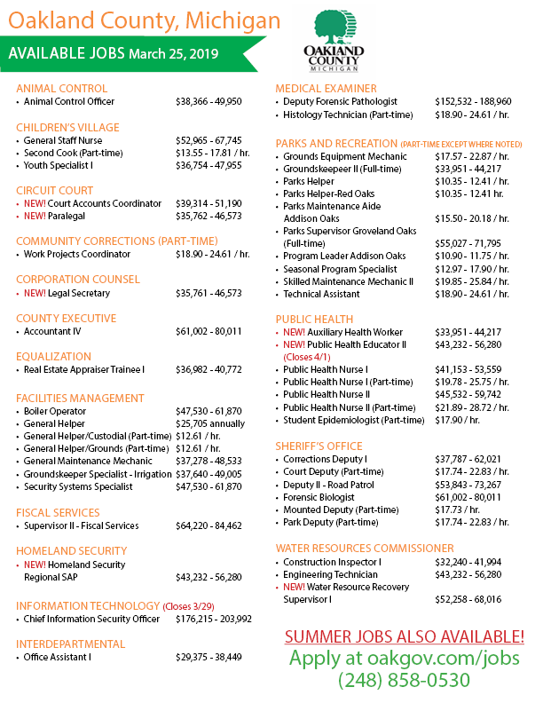OakGov's tweet photo. Join our team! See the #OaklandCounty #Jobs Flyer for the latest full and part-time opportunities, including #SummerJobs.

Apply online today at: https://t.co/iaMTVSbXfw, or call 248-858-0530 for more information. https://t.co/hQPl9YOt5C